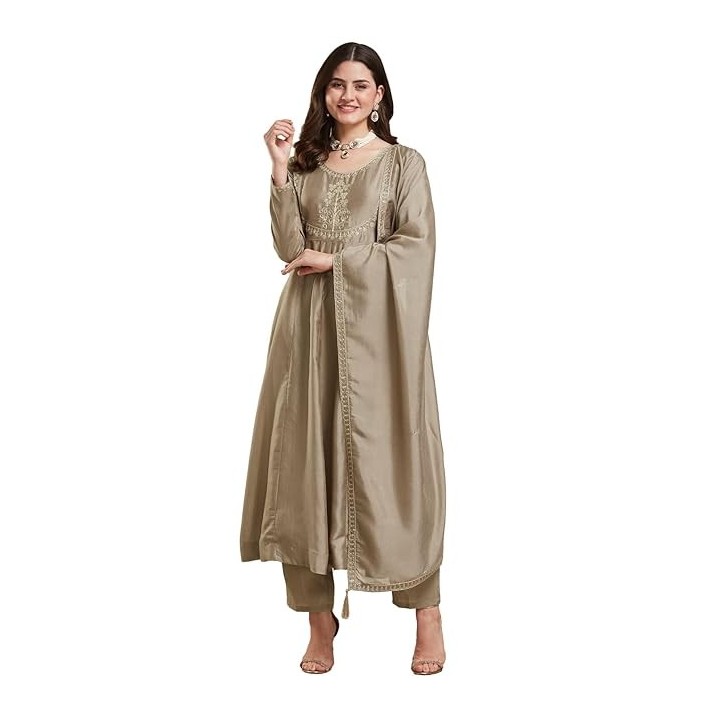 MOKOSH Women's Silk Embroidered Anarkali Kurta and Pant with Dupatta Set | 3 Piece Ethnic Kurta Set for Women