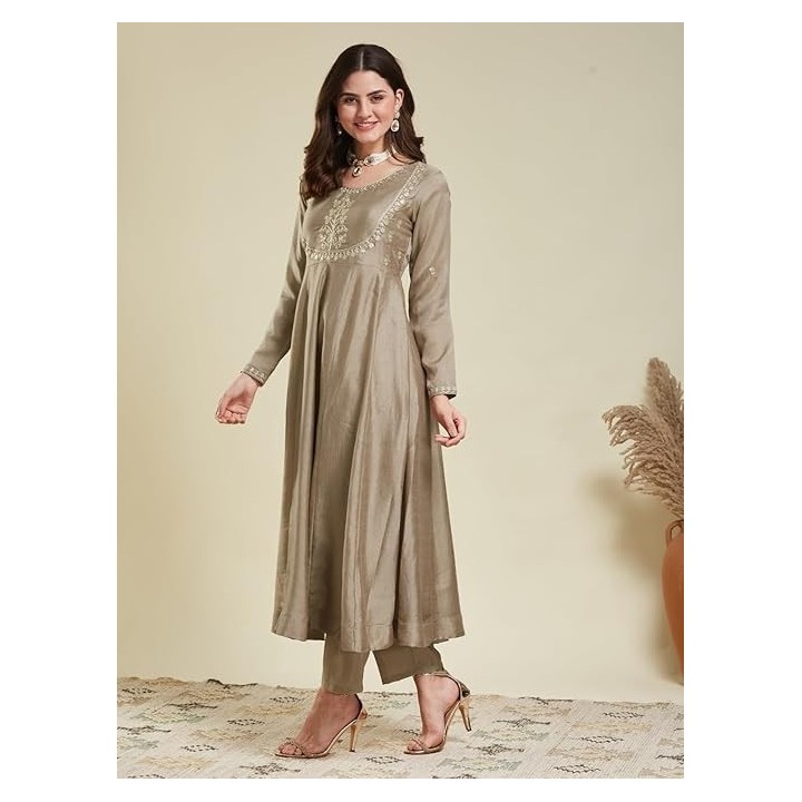 MOKOSH Women's Silk Embroidered Anarkali Kurta and Pant with Dupatta Set | 3 Piece Ethnic Kurta Set for Women