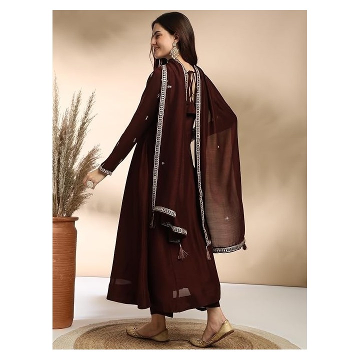 MOKOSH Women's Silk Embroidered Anarkali Kurta and Pant with Dupatta Set | 3 Piece Ethnic Kurta Set for Women