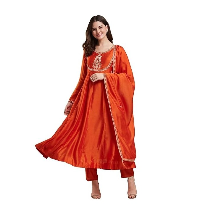 MOKOSH Women's Silk Embroidered Anarkali Kurta and Pant with Dupatta Set | 3 Piece Ethnic Kurta Set for Women