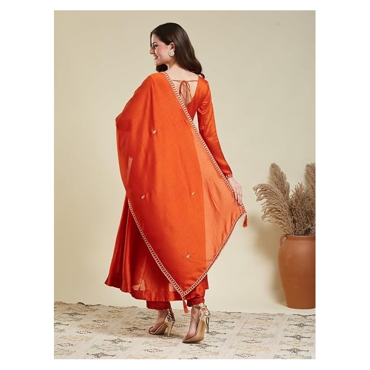 MOKOSH Women's Silk Embroidered Anarkali Kurta and Pant with Dupatta Set | 3 Piece Ethnic Kurta Set for Women