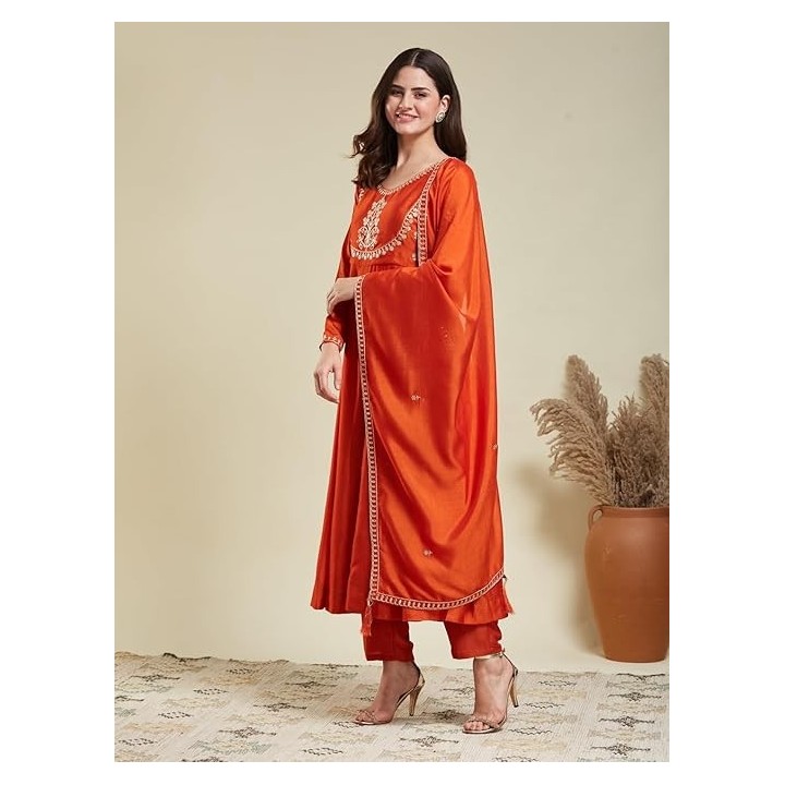 MOKOSH Women's Silk Embroidered Anarkali Kurta and Pant with Dupatta Set | 3 Piece Ethnic Kurta Set for Women