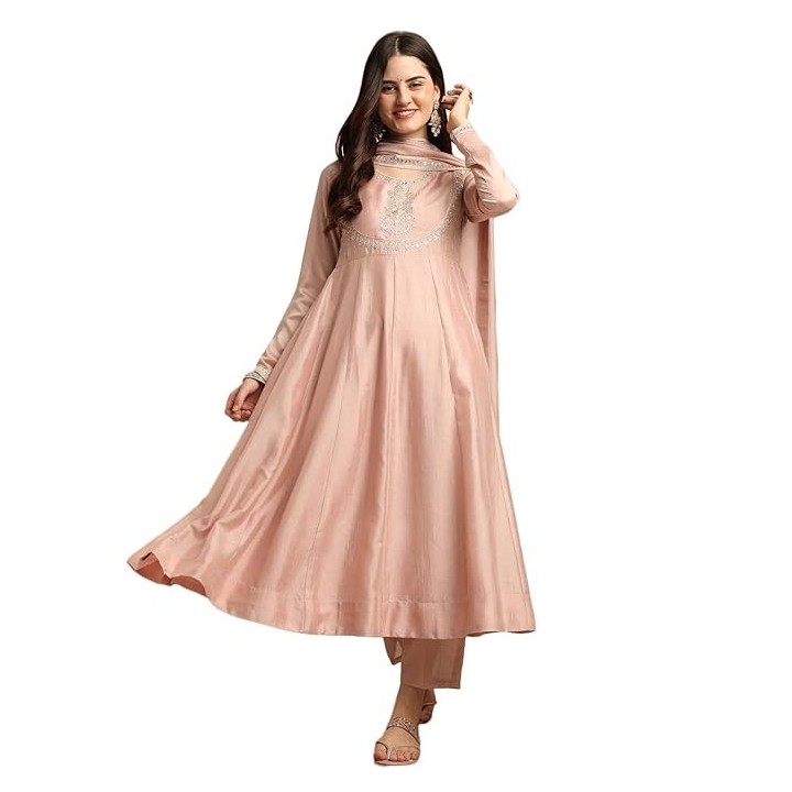 MOKOSH Women's Silk Embroidered Anarkali Kurta and Pant with Dupatta Set | 3 Piece Ethnic Kurta Set for Women
