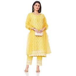 Amazon Brand - Myx Women Embroidered Cotton Kurta Pant Set with Organza Dupatta (Available in Plus Sizes)