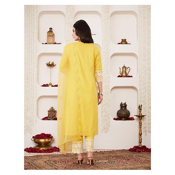 Amazon Brand - Myx Women Embroidered Cotton Kurta Pant Set with Organza Dupatta (Available in Plus Sizes)