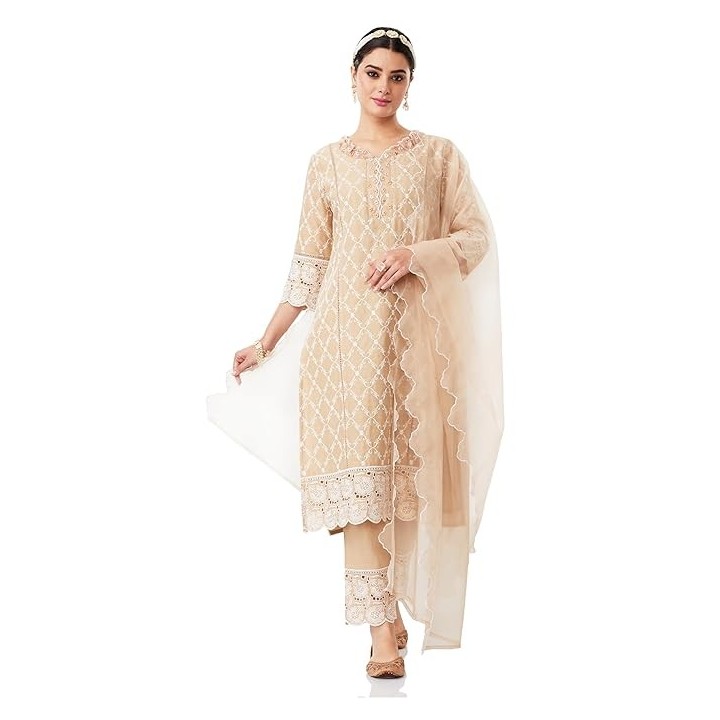 Amazon Brand - Myx Women Embroidered Cotton Kurta Pant Set with Organza Dupatta (Available in Plus Sizes)