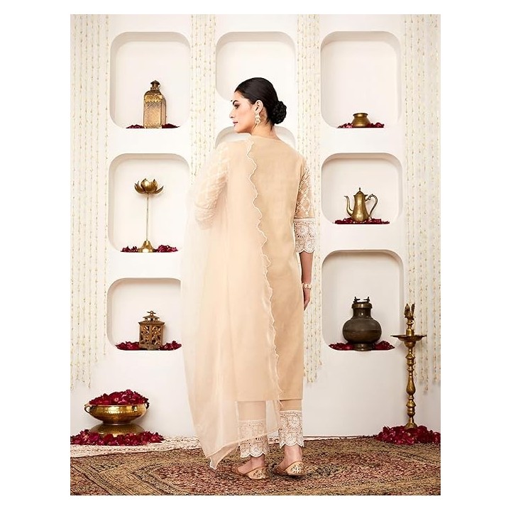 Amazon Brand - Myx Women Embroidered Cotton Kurta Pant Set with Organza Dupatta (Available in Plus Sizes)