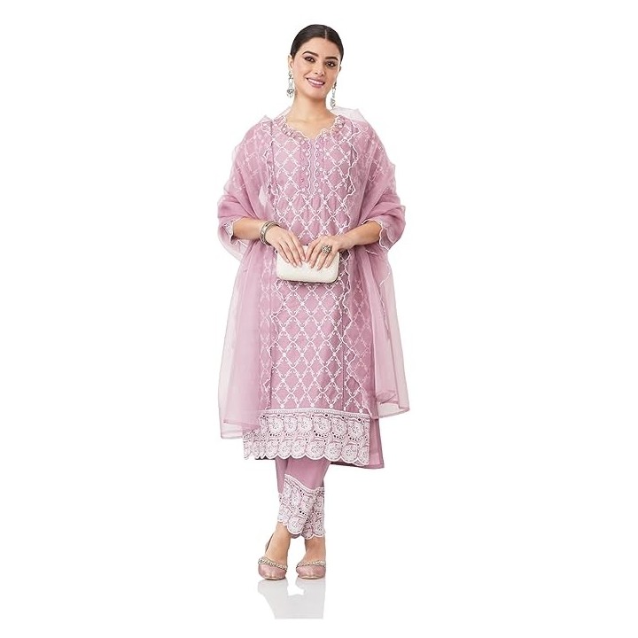 Amazon Brand - Myx Women Embroidered Cotton Kurta Pant Set with Organza Dupatta (Available in Plus Sizes)