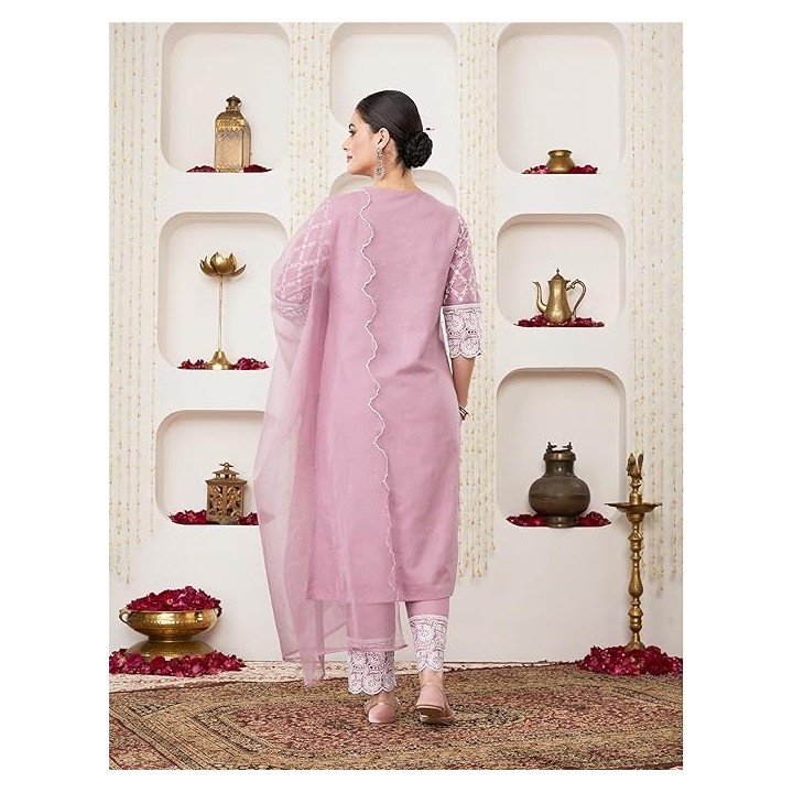 Amazon Brand - Myx Women Embroidered Cotton Kurta Pant Set with Organza Dupatta (Available in Plus Sizes)