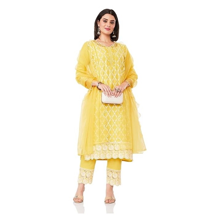 copy of Amazon Brand - Myx Women Embroidered Cotton Kurta Pant Set with Organza Dupatta (Available in Plus Sizes)