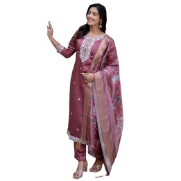 VredeVogel Women’s Viscose Roman Silk Embroidery Straight Kurta Pant with Dupatta Set