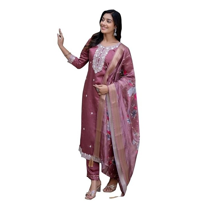 VredeVogel Women’s Viscose Roman Silk Embroidery Straight Kurta Pant with Dupatta Set