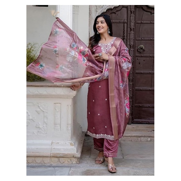 VredeVogel Women’s Viscose Roman Silk Embroidery Straight Kurta Pant with Dupatta Set