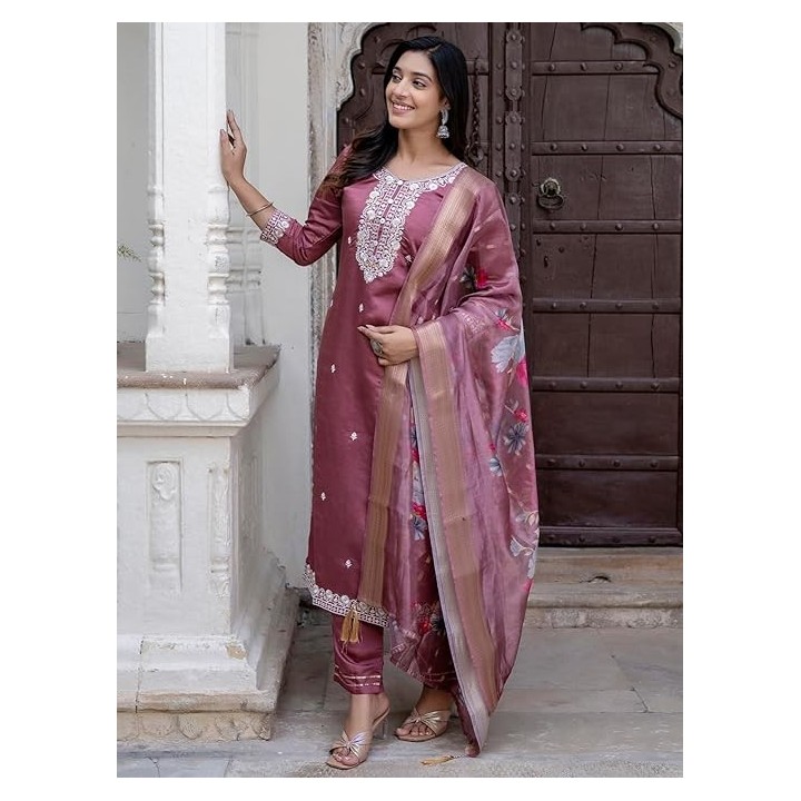 VredeVogel Women’s Viscose Roman Silk Embroidery Straight Kurta Pant with Dupatta Set
