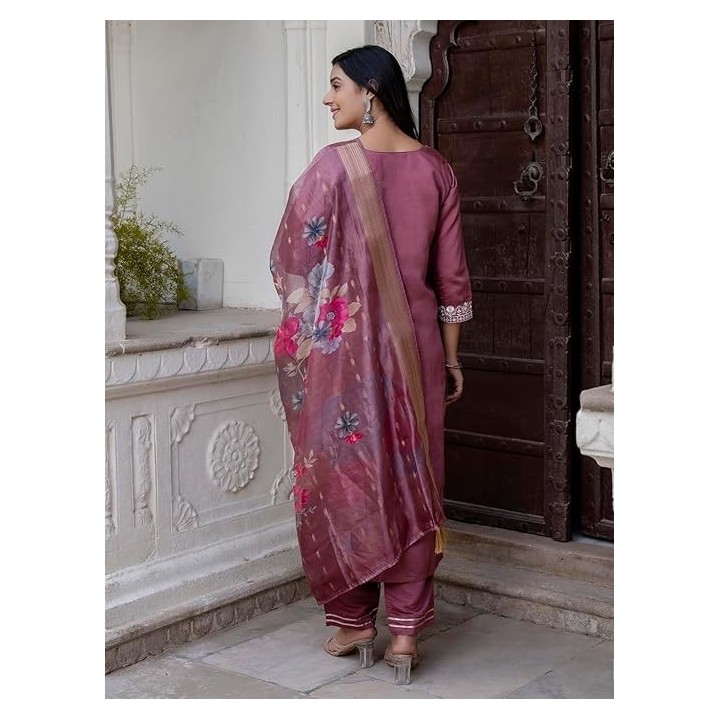 VredeVogel Women’s Viscose Roman Silk Embroidery Straight Kurta Pant with Dupatta Set