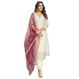 Women's Chanderi Silk Embroidered Kurta with Pant & Organza Dupatta Set,Casual Outfit Ethnic Kurta Set for Women