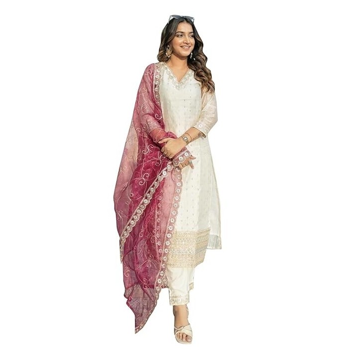 Women's Chanderi Silk Embroidered Kurta with Pant & Organza Dupatta Set,Casual Outfit Ethnic Kurta Set for Women