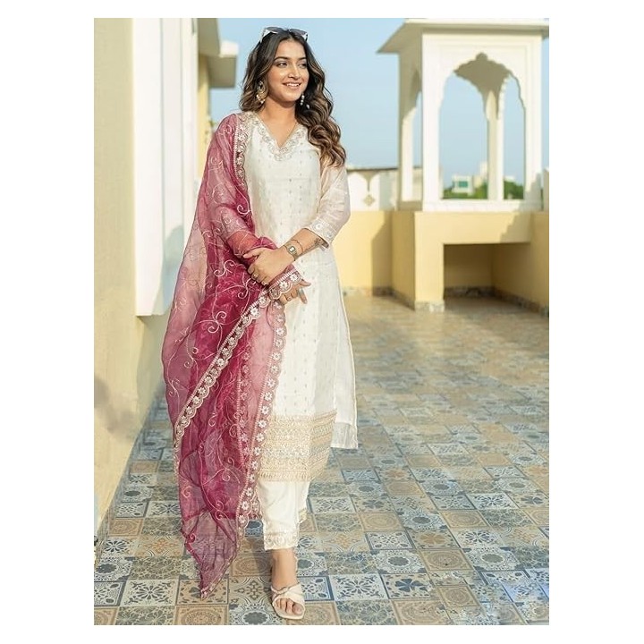 Women's Chanderi Silk Embroidered Kurta with Pant & Organza Dupatta Set,Casual Outfit Ethnic Kurta Set for Women