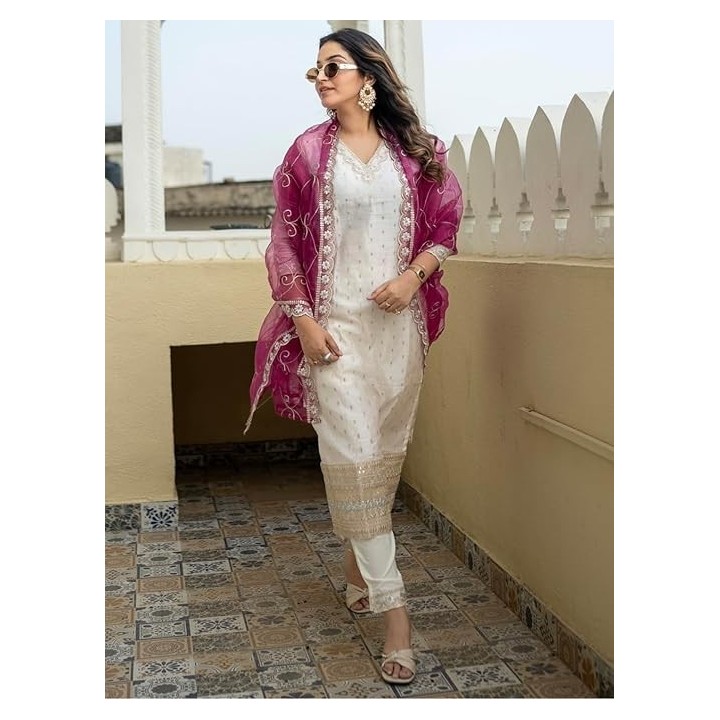 Women's Chanderi Silk Embroidered Kurta with Pant & Organza Dupatta Set,Casual Outfit Ethnic Kurta Set for Women