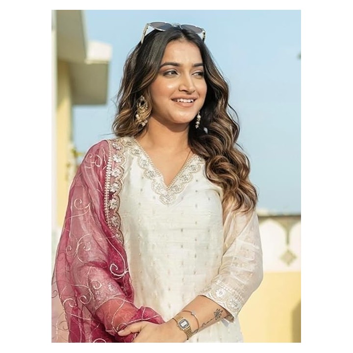 Women's Chanderi Silk Embroidered Kurta with Pant & Organza Dupatta Set,Casual Outfit Ethnic Kurta Set for Women