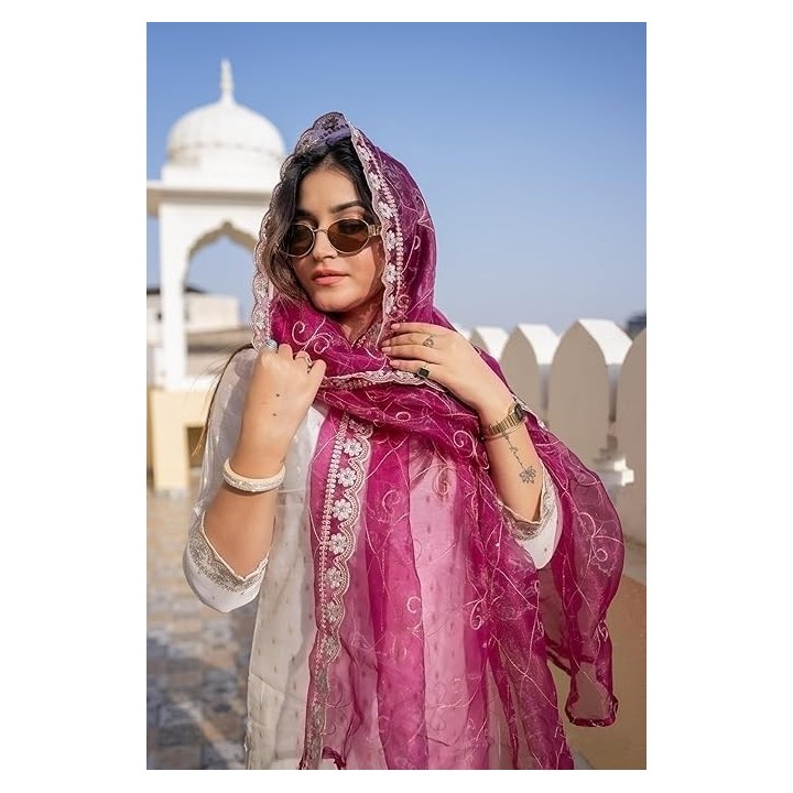 Women's Chanderi Silk Embroidered Kurta with Pant & Organza Dupatta Set,Casual Outfit Ethnic Kurta Set for Women