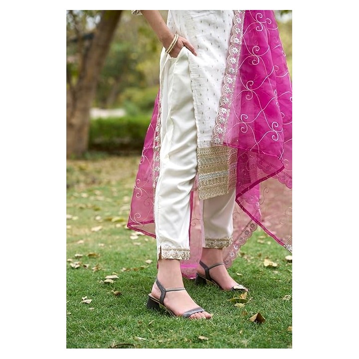 Women's Chanderi Silk Embroidered Kurta with Pant & Organza Dupatta Set,Casual Outfit Ethnic Kurta Set for Women