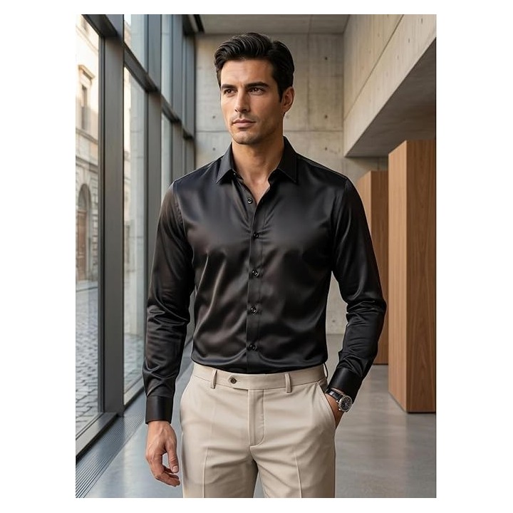 DEELMO Men's Stylish Solid Satin Casual Shirt for Men Full Sleeves| Poly Satin Silk Shirt