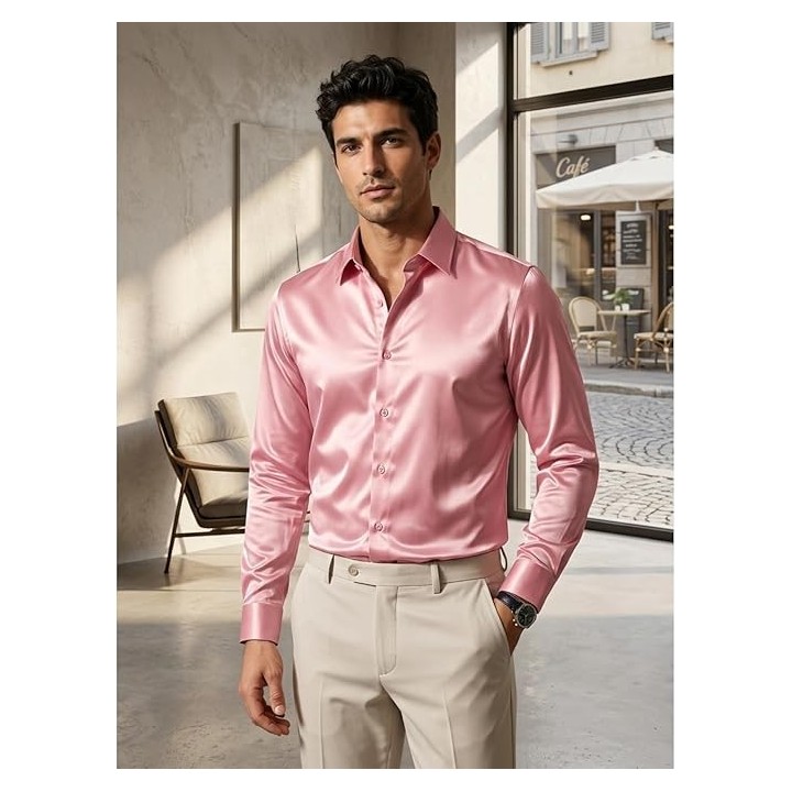 DEELMO Men's Stylish Solid Satin Casual Shirt for Men Full Sleeves| Poly Satin Silk Shirt