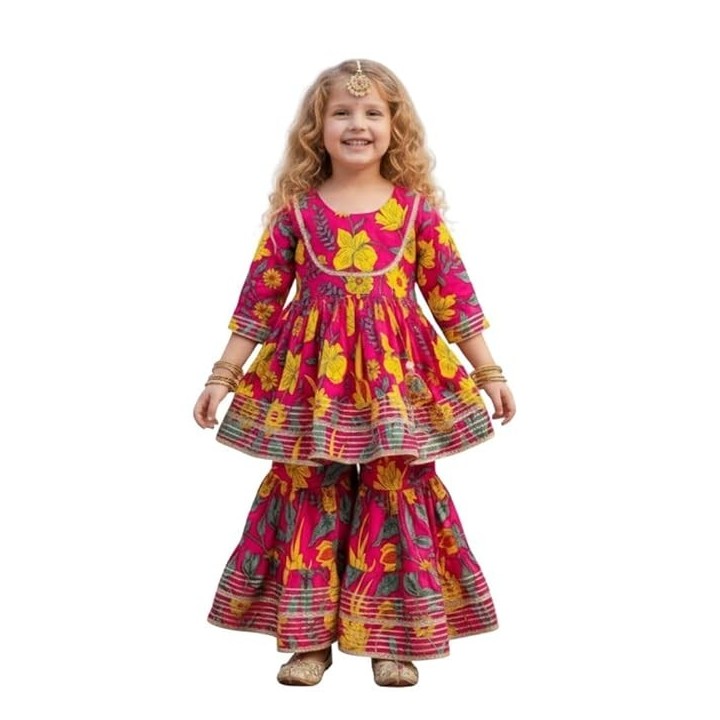 Girls Pure Cotton Floral Printed Gotta Work Flared Kurta with Sharara Set