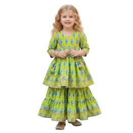 Girls Pure Cotton Floral Printed Gotta Work Flared Kurta with Sharara Set