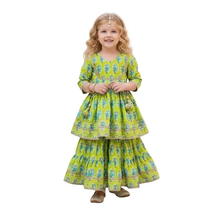 Girls Pure Cotton Floral Printed Gotta Work Flared Kurta with Sharara Set