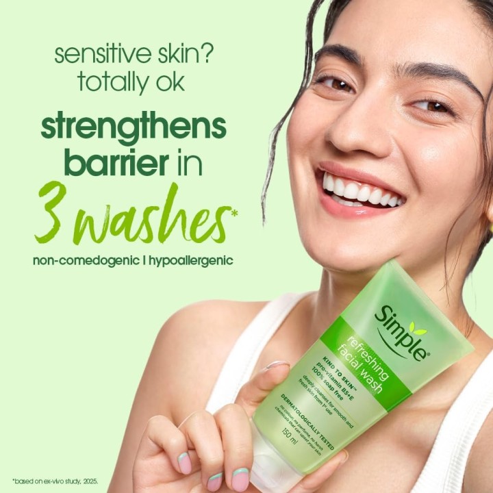 Simple Kind To Skin Refreshing Facial Wash 150 ml | 100% Soap-Free Facewash that doesn't dry out your skin| For All Skin Types