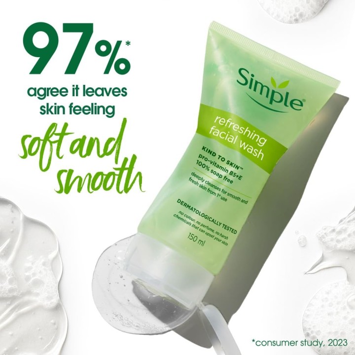 Simple Kind To Skin Refreshing Facial Wash 150 ml | 100% Soap-Free Facewash that doesn't dry out your skin| For All Skin Types
