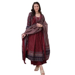 TEST KLOSIA Women's Rayon Printed Anarkali Kurta and Pant with Dupatta Set