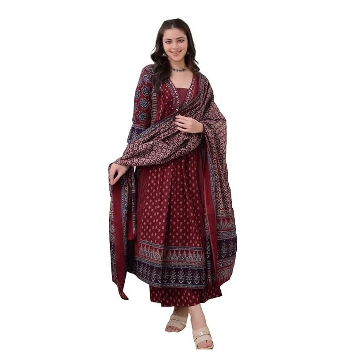 TEST KLOSIA Women's Rayon Printed Anarkali Kurta and Pant with Dupatta Set