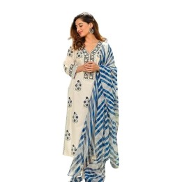 Pinkmint Women Kurta Set Printed V Neck Stright Kurta & Bottom with Dupatta Set