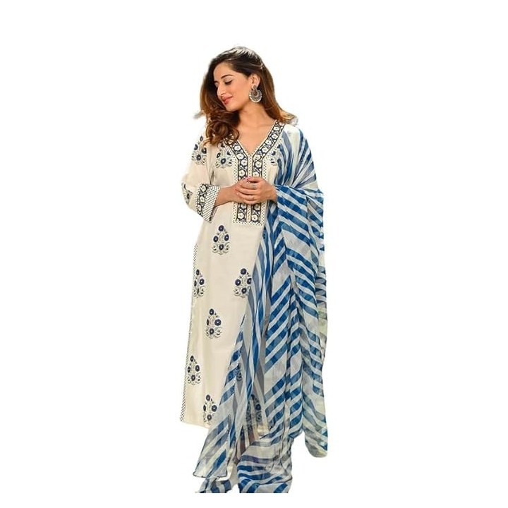 Pinkmint Women Kurta Set Printed V Neck Stright Kurta & Bottom with Dupatta Set