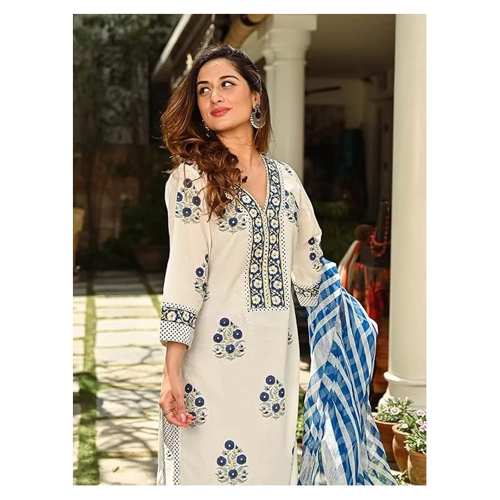 Pinkmint Women Kurta Set Printed V Neck Stright Kurta & Bottom with Dupatta Set