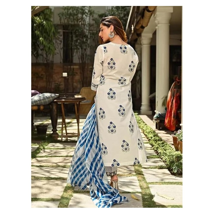 Pinkmint Women Kurta Set Printed V Neck Stright Kurta & Bottom with Dupatta Set