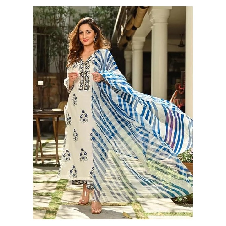 Pinkmint Women Kurta Set Printed V Neck Stright Kurta & Bottom with Dupatta Set