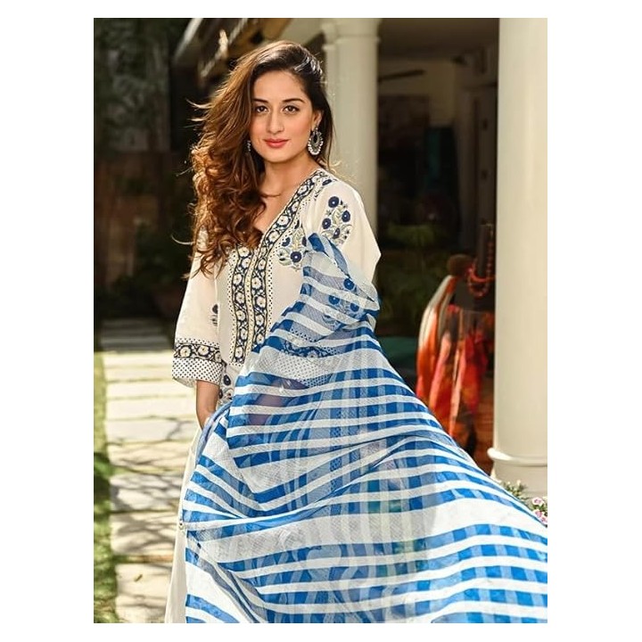 Pinkmint Women Kurta Set Printed V Neck Stright Kurta & Bottom with Dupatta Set